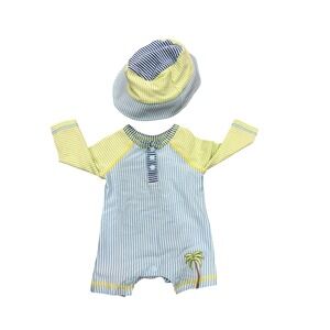 Mud Pie Baby Boys Blue Seersucker Striped Swim Romper and Hat Set 0-3 Months New